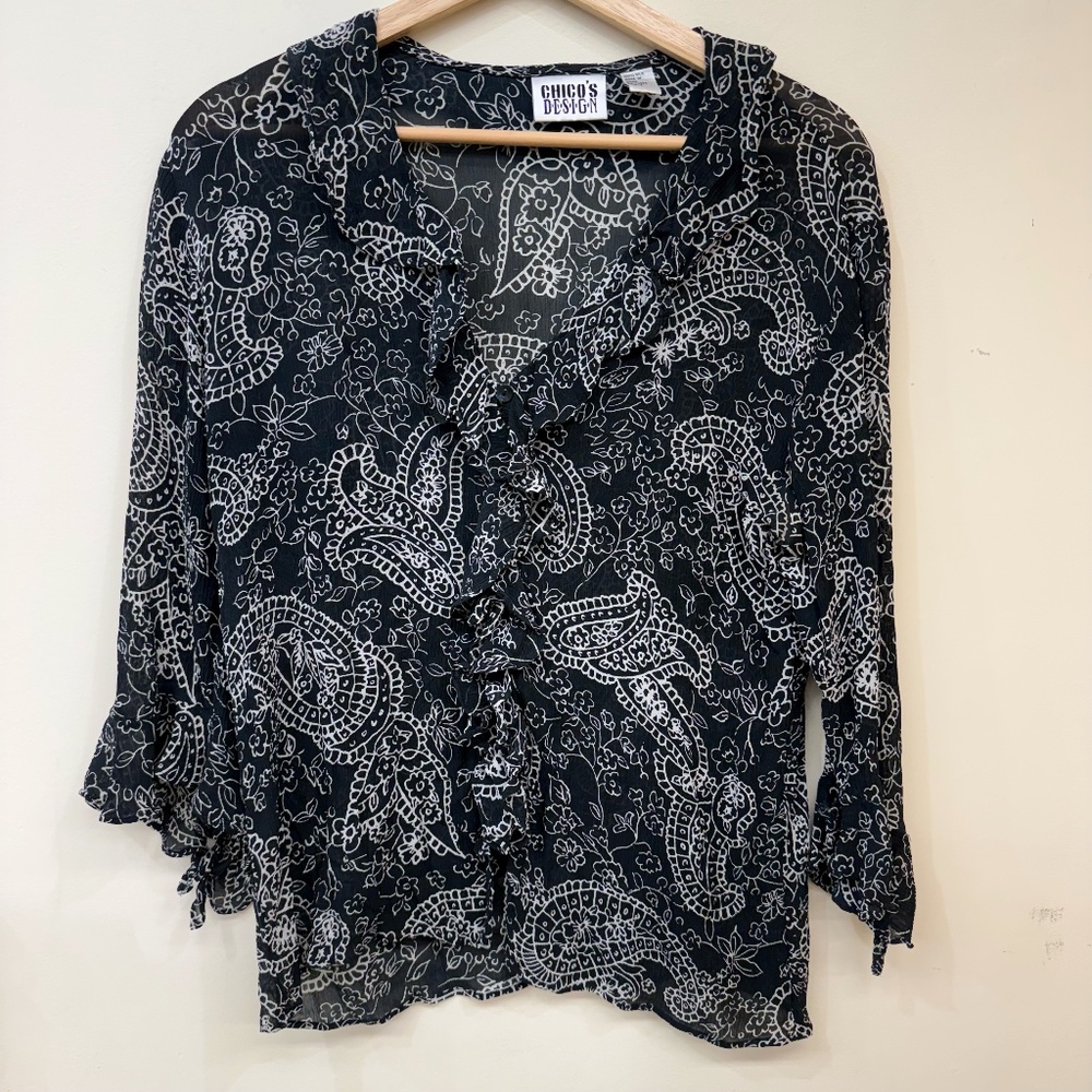 Vintage Chico's Design Silk Black and White Paisley Blouse Size 0